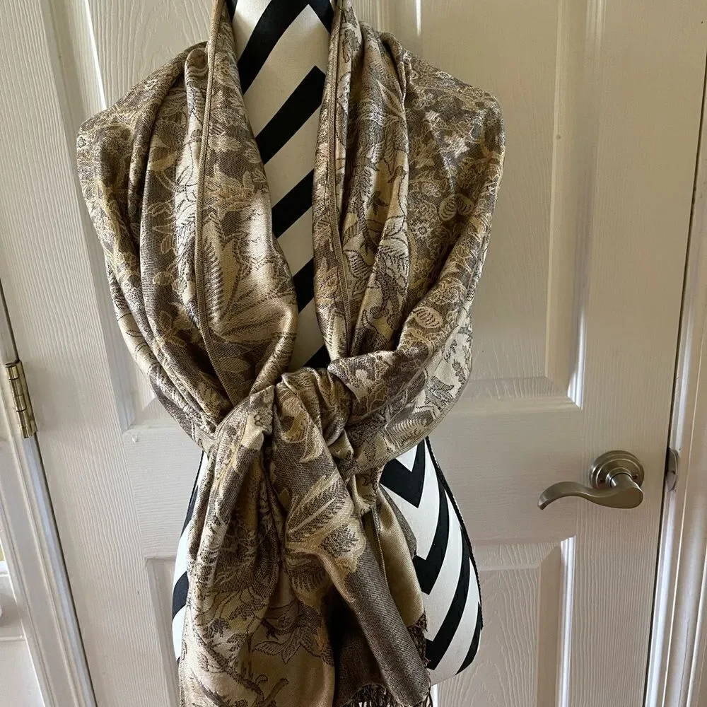 Pashmina 30%silk soft Shawl,Scarf Gold,brown with fringe length 70” with 28”
